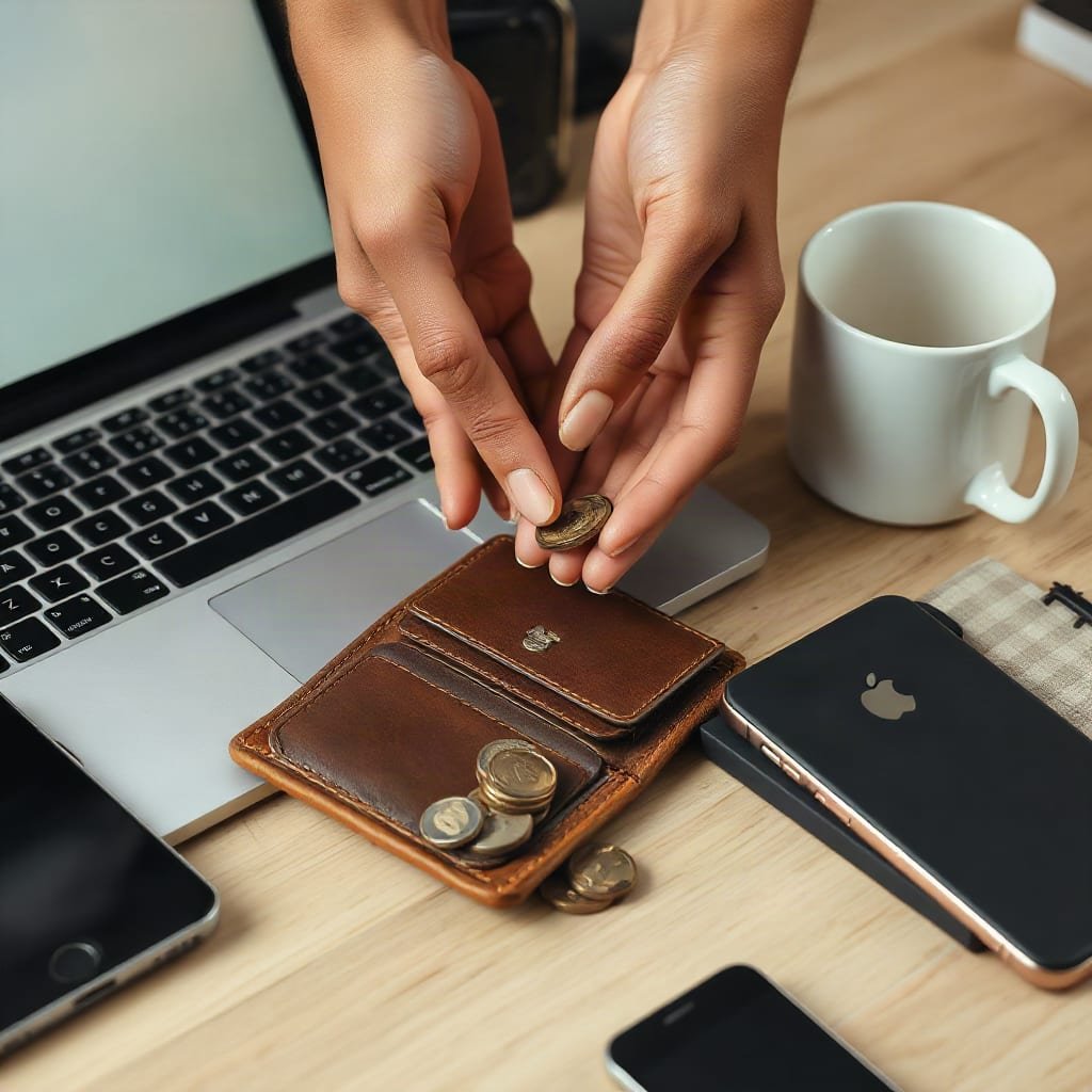 Hands stacking coins beside an open wallet and a small mini PC on a desk.
