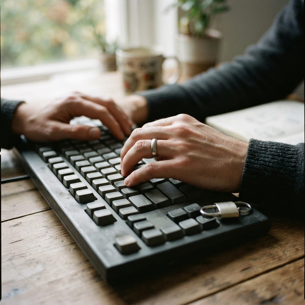 Hands typing on a keyboard with a small padlock-shaped keychain next to them.