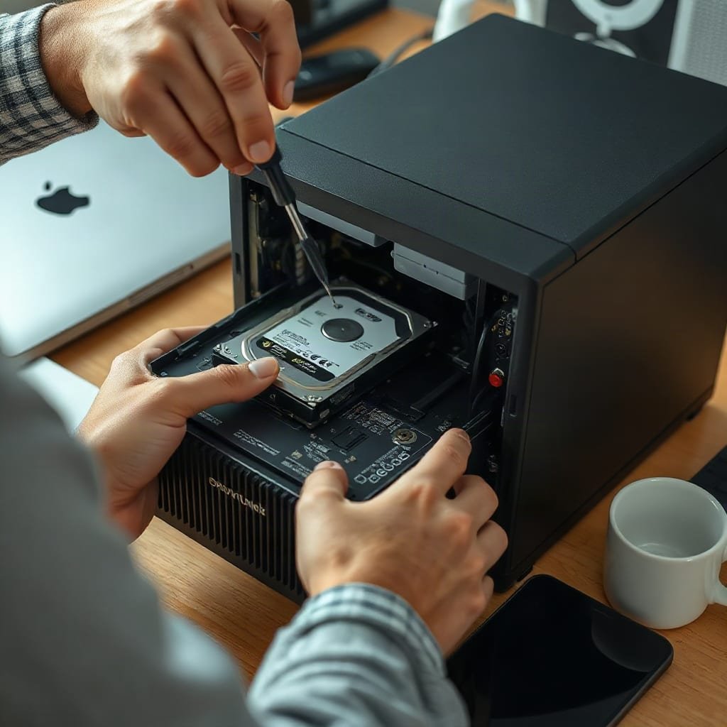 Hands use a screwdriver to replace a hard drive inside an open small server on a workbench, with the removed drive lying nearby.