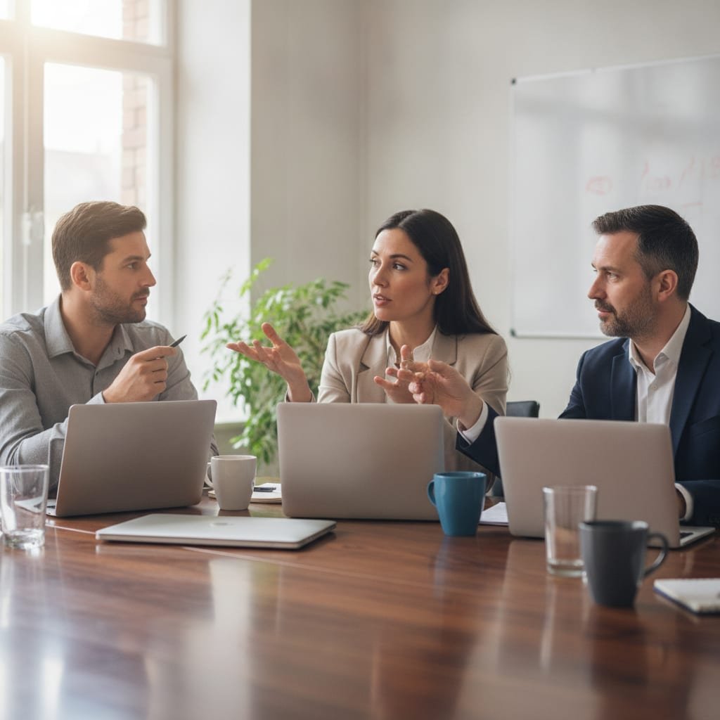 Three coworkers in discussion around a meeting table with closed laptops and coffee cups.