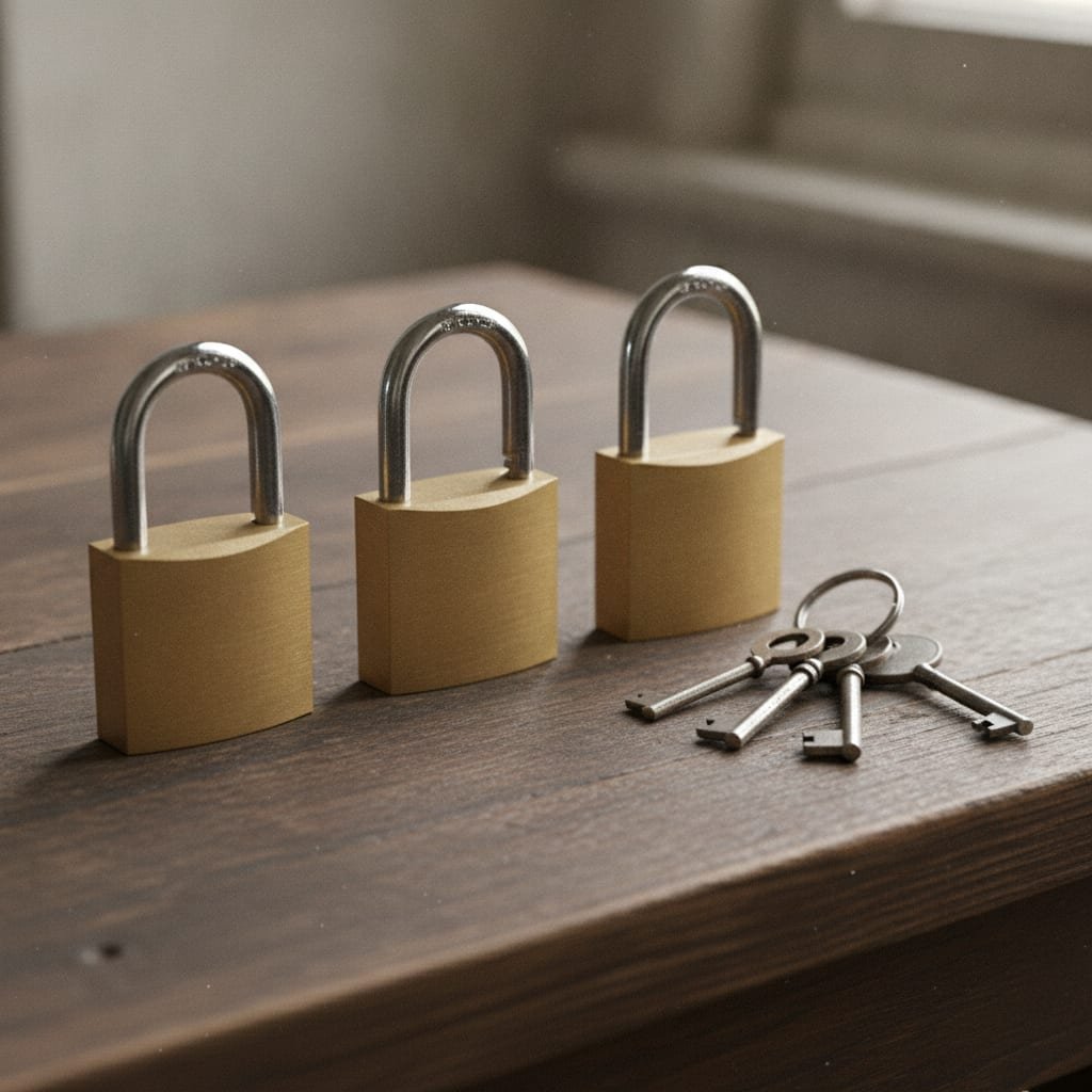 Three identical closed padlocks arranged side by side on a desk near a keychain.