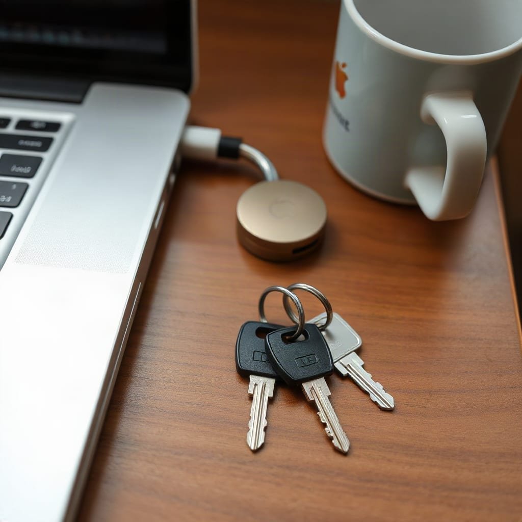 Three keys arranged near a single lock on a wooden desk.