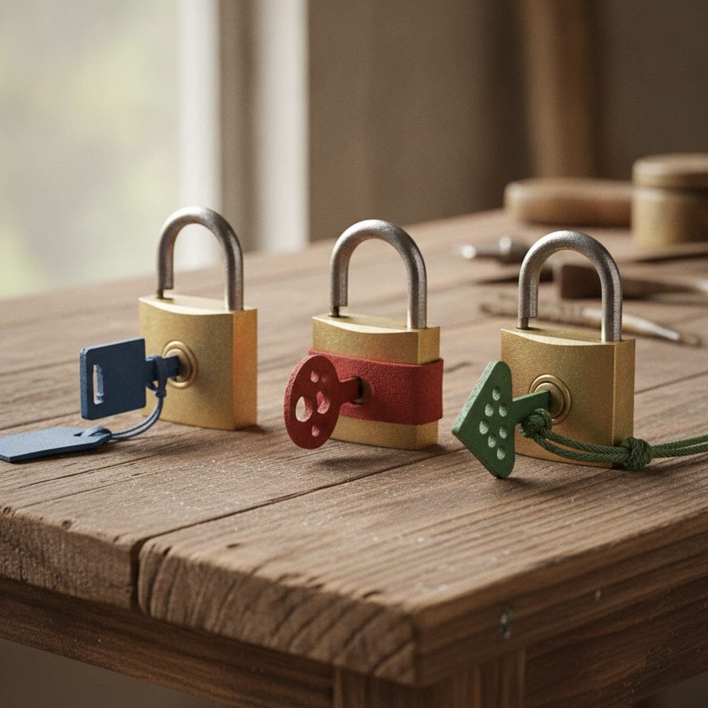 Three padlocks lined up on a table, each with a different colored key inserted.