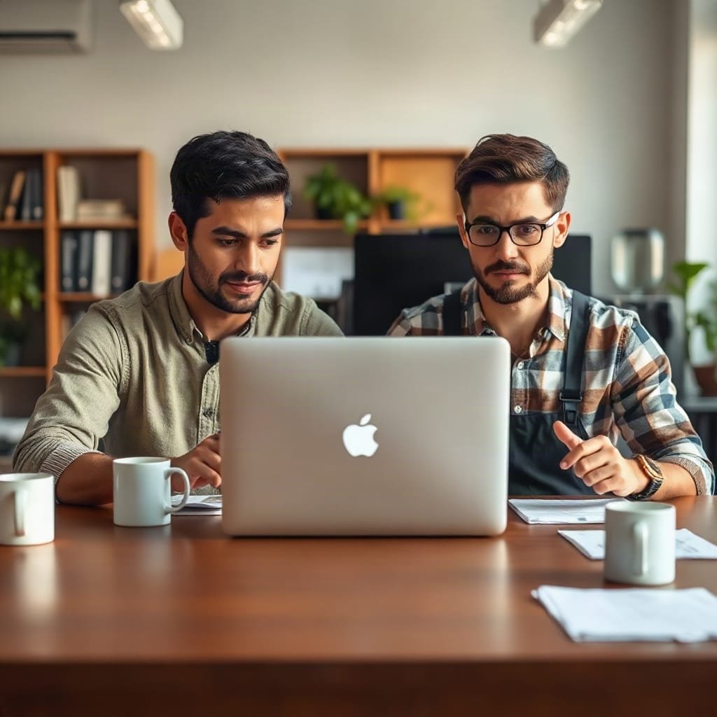 Two colleagues talking at an office desk, with the back of a laptop visible between them.