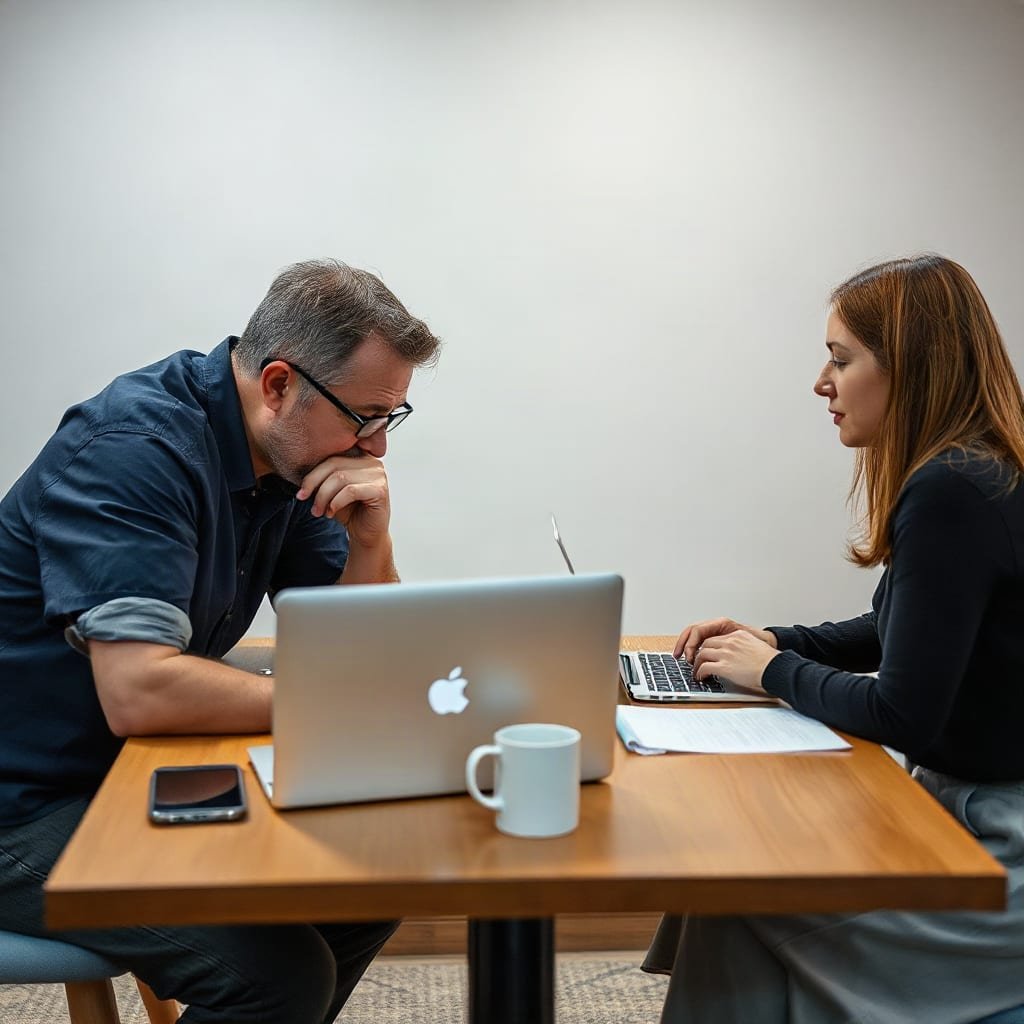 Two people in conversation at a meeting table, with a closed laptop and coffee cups in front of them.
