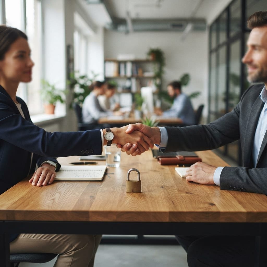 Two people shaking hands over a desk with a small padlock placed between them.