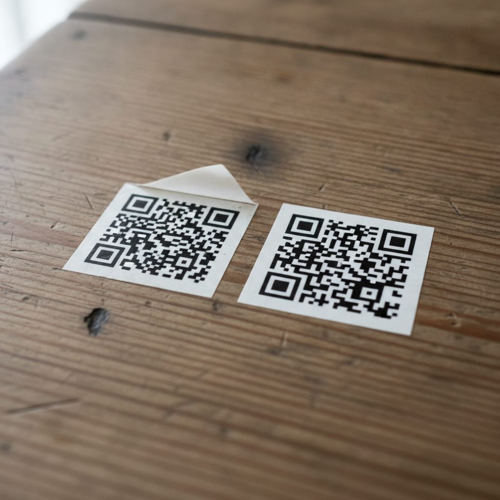 Two QR code stickers sit on a wooden table, one appearing newer and one worn with curling edges.