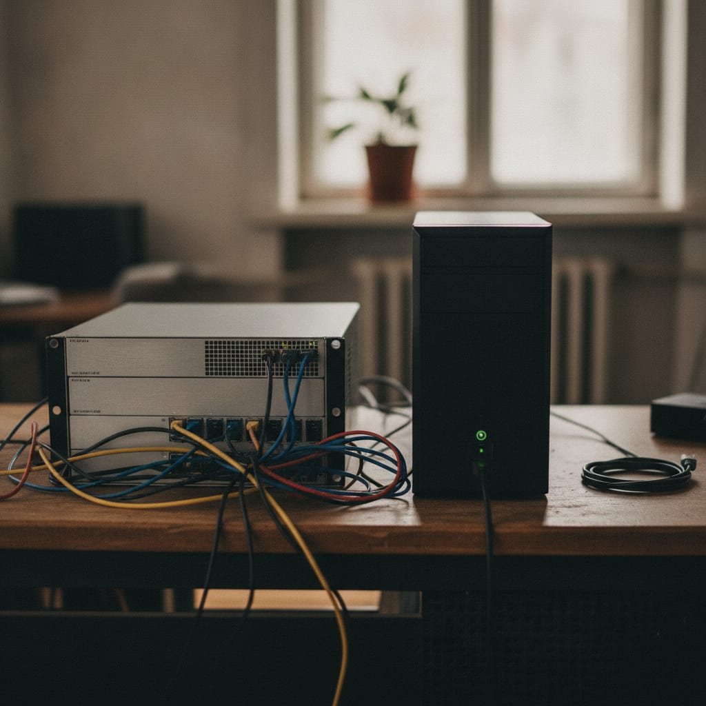 Two server units sit on a desk, one wired into a bundle of cables and the other standing independently with no connections.