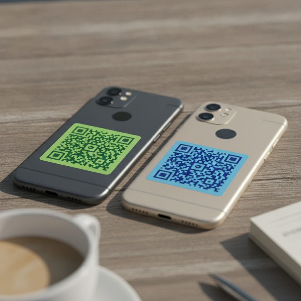 Two smartphones placed next to each other on a table, each with a different QR code sticker on the back.